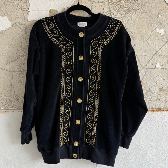 Vintage Neiman Marcus Cardigan Black Velvet Gold Embroidery Made in USA Womens S - Picture 1 of 8